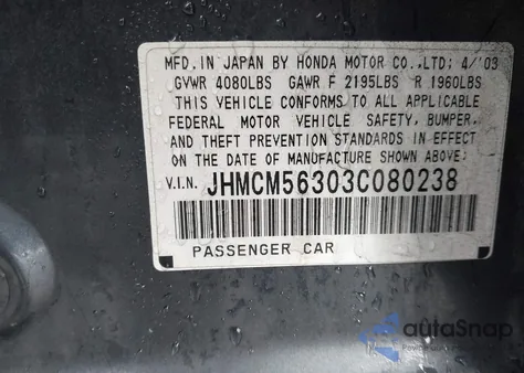 2003 Honda Accord 2.4 Lx from USA, damaged, VIN JHMCM56303C080238